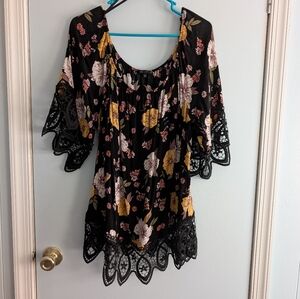 Floral Black and Yellow With Lace Women's Top